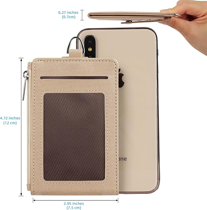 Women & Men Keychain Card Holder Case Zipper Slim Minimalist Front Pocket Wallet with 2 ID Window, Champagne Gold