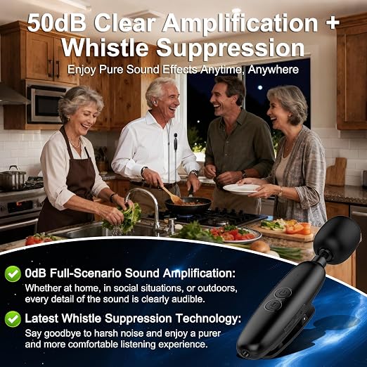 IceHeat Personal Sound Amplifier for Seniors – Affordable & Easy-to-Use, 50dB Gain, 7-Level Tone Control, Noise Cancelling, Rechargeable with Long Battery Life, Black