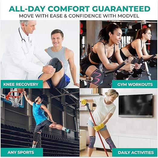 Modvel 2 Pack Knee Brace for Women & Men - Workout Knees Compression Sleeve for Knee Pain Relief Joint Support for ACL, Arthritis, Meniscus Tear Knees Brace for Sports, Rodilleras para Gym Fitness