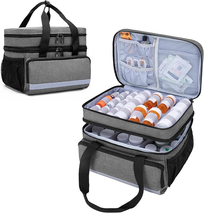 CURMIO Double Layers Pill Bottle Organizer, Medicine Storage Case, Gray | Emergency Medical Supplies for Home Care, for First Aid Kits, Multifunctional Bag, Home Storage, Dormitory, Travel, Empty Bag