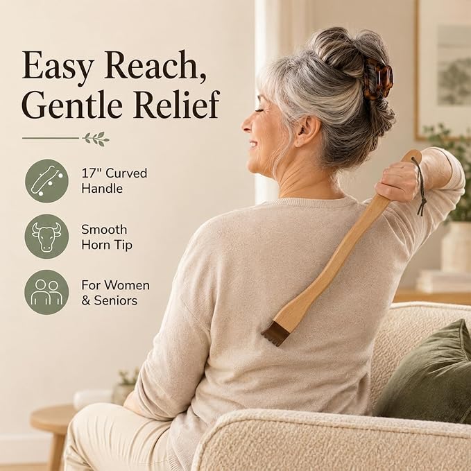 Natural Buffalo Horn Back Scratcher, 17" Curved Beech Wood Handle | Natural Buffalo Horn Tip, 17-Inch Curved Beech Wood Handle, Long Reach, Smooth Rounded Edge, For Men, Women And Seniors