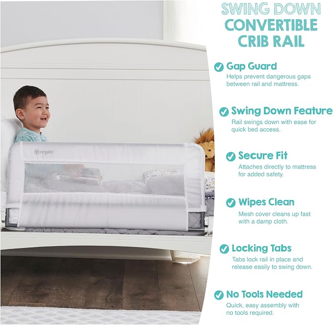 Regalo Safety Swing Down Crib Rail for Toddlers, 33" Baby Bed Rail Guard with Reinforced Anchor Safety System, Convertible Crib Bed Rail, White