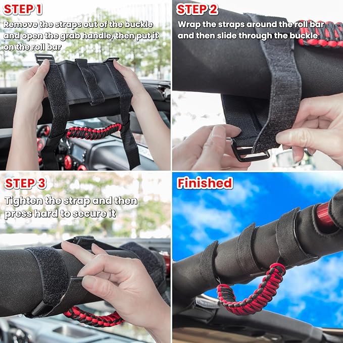 4 x Roll Bar Grab Handles Grip Handle for Jeep Wrangler JK JKU JL JLU TJ YJ Sports Sahara Freedom Rubicon Unlimited Gladiator JT 1955-2023 UTV ATV Premium 550 Paracord Interior Accessories (Red)