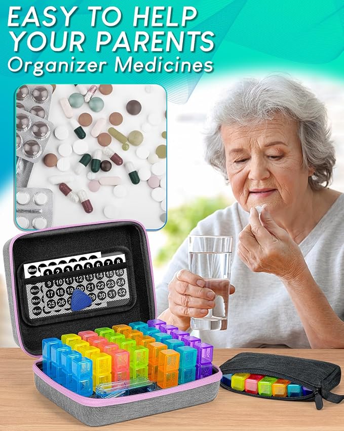 Monthly Pill Organizer 3 Times a Day with Weekly Pill Bags, Portable Hard Shell Case, Pill Cutter & Opener Pick, Monthly and Weekly Stickers for Medication Management (Purple, 3 Times a Day)