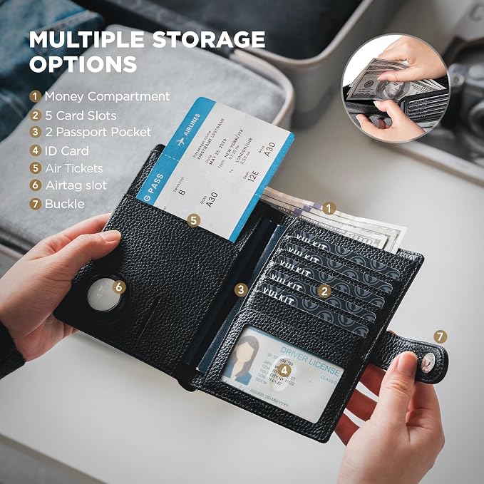 VULKIT Dual Leather Passport Wallet with Airtag Holder Slim Double Passport Holder RFID Blocking Passport Travel Wallet for Women or Men