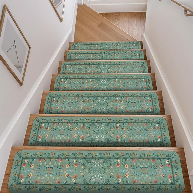 OJIA Non-Slip Stair Runner for Wooden Steps 15PC 30"x8" Carpet Stair Treads | Indoor Floral Stair Treads Carpet Stair Mats Staircase Step Treads for Kids, Elders and Dogs, Stair Covers, Green