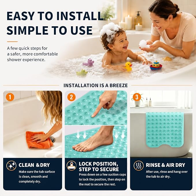 Yimobra Non Slip Bathtub Mat 40 x 16 Inch, Extra Long Shower Mat with Drain Holes, Machine Washable Baby Bath Mats, Strong Suction Cups for Bathroom Floor, Clear Green