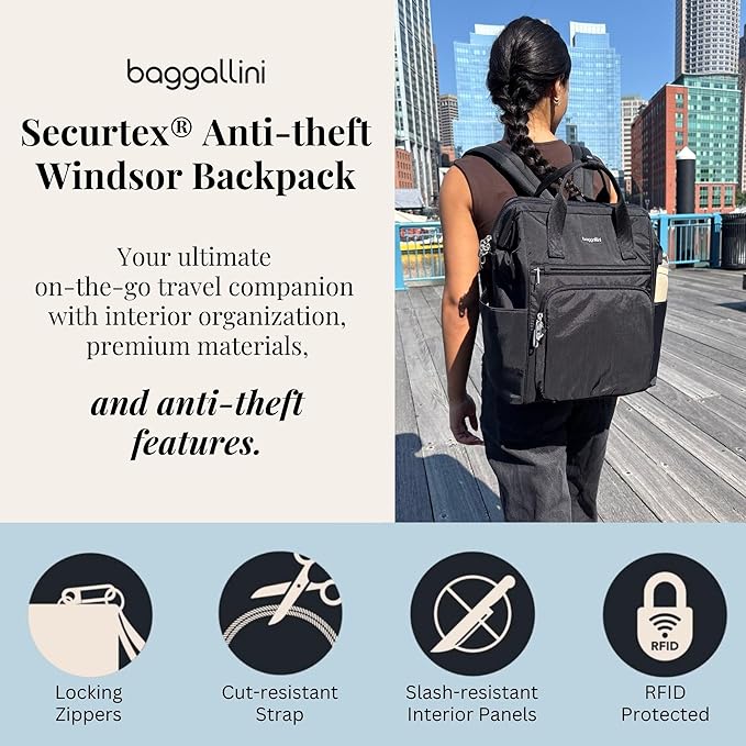 Baggallini Securtex Anti-Theft Windsor Backpack for Travel, Work & College, RFID & Locking Zipper, Up to 16" Laptop