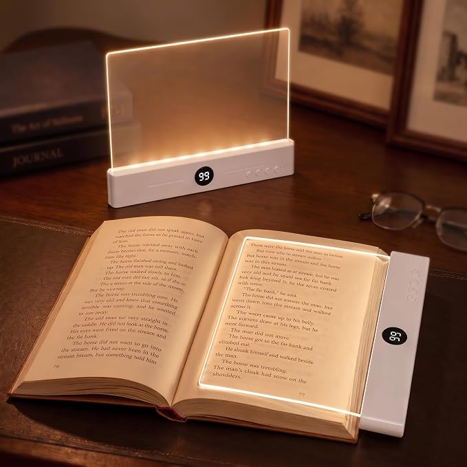 Book Reading Light Flat Screen Smart LED - Full Page Panel Lights for Books Reader in Bed at Night - Rechargeable Portable Dimmable Clear Study Lamp 3 Colors Timer for Bedside Travel (White)