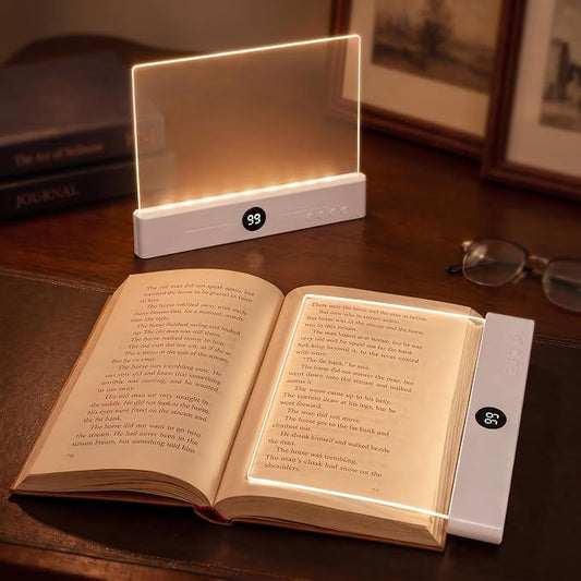Book Reading Light Flat Screen Smart LED - Full Page Panel Lights for Books Reader in Bed at Night - Rechargeable Portable Dimmable Clear Study Lamp 3 Colors Timer for Bedside Travel (White)