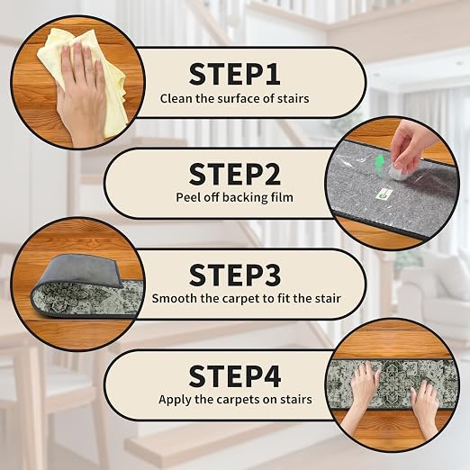 Non Slip Stair Treads for Wooden Steps, 15 Pack 8"x30" Washable Carpet | 8x30 in soft chenille polyester stair treads with reusable TPE backing for indoor wood stairs, dogs, kids, and seniors