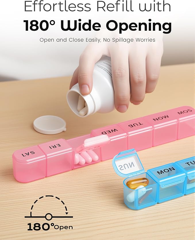 Daviky Weekly Pill Organizer 2 Pack Large Capacity Travel Pill Organizers Pill Box 7 Day Compact Travel Pill Case Medicine Pill Organizers for Vitamins, Supplements and Medications (Blue & Pink)