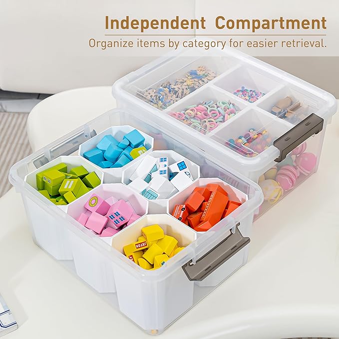 Citylife 17QT 4Packs Clear Craft Organizers and Storage Bins with Lids | Stackable Art Supply Organizer with Tray and 6 Inserts for Markers, Crayons, Pencils, Tools, Playdoh, Coloring Books