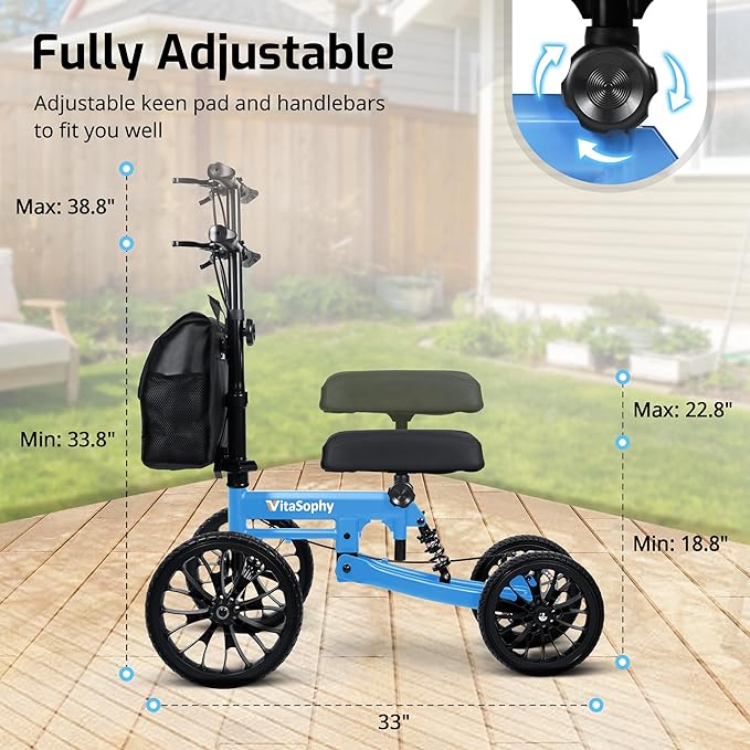 All Terrain Knee Scooter with Disc Brake System, Steerable Knee Walker for Adults for Foot Surgery, Broken Ankle - Rover Scooter for Broken Foot Injured Leg Crutch (Blue)