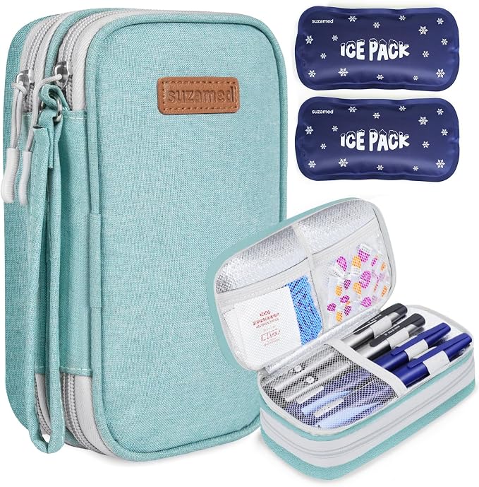 suzamed Insulin Cooler Travel Case, Double Layer Medicine Kit Diabetes Travel Case, Portable Medicine Organizer with 2Pack 150g Ice Pack TSA Approved for Insulin Pens Diabetic Supplies (Green)