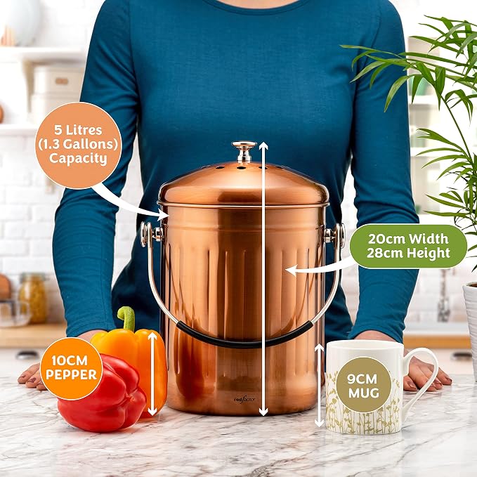Premium Compost Bin for Kitchen Countertop - Stainless Steel Food Waste Bucket with Innovative Dual Filter Technology - Includes Spare Filters (Matt Copper, 1.3 Gallon)