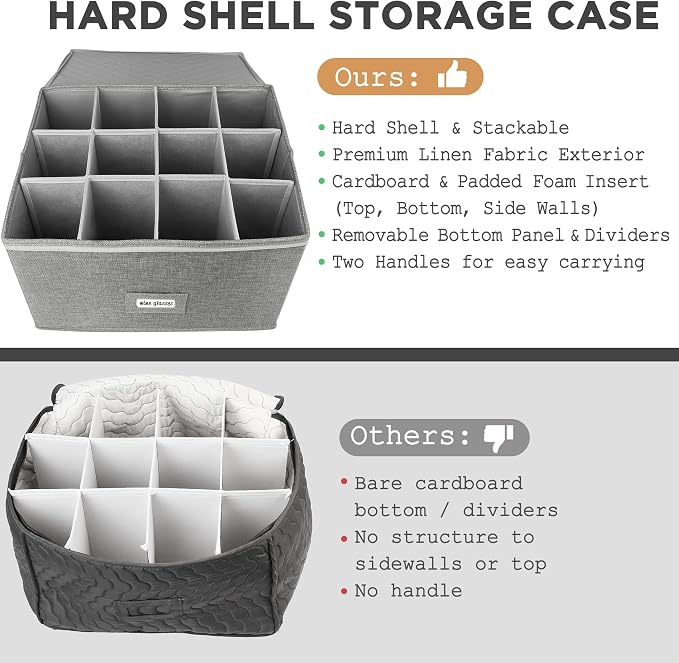 LotFancy Stemware Storage Container, Hard Shell, Stackable Wine Glass Storage Box with Dividers & Handles, Crystal Glassware, Champagne Flute, Drinkware Case for Moving, Grey