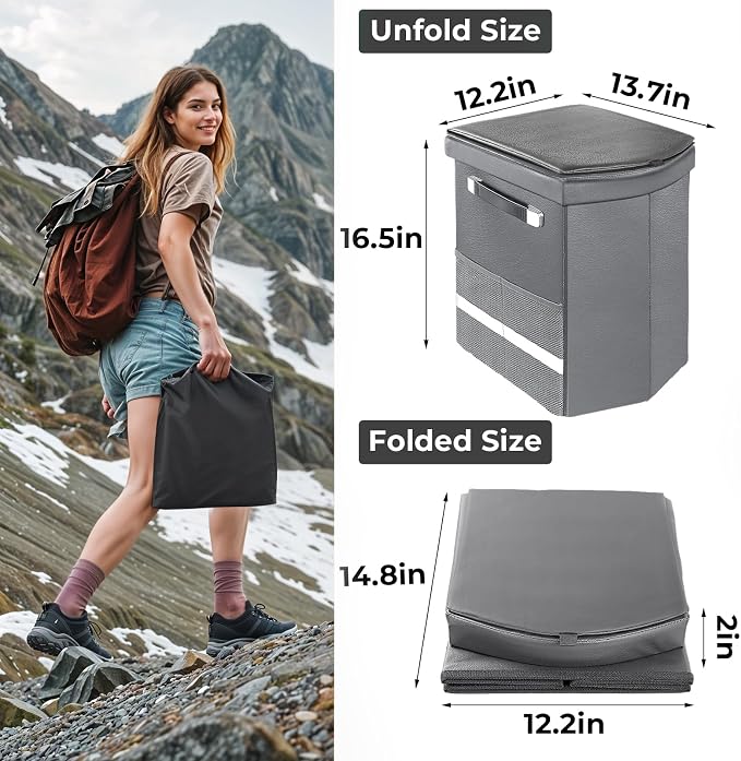 2026 Upgraded XL Portable Toilet for Adults,Tall Camping Toilet with Lid and Convenient Carry Bag, Portable Potty for Camping, Hiking, Car Travel,Truck, RV, Boating, Road Trips, Beach (Gray, 16.5''H)