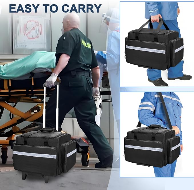 Damero Rolling Medical Bag with Detachable Trolley & Cover Fixed Strap | Medical Bag On Wheels with Inner Dividers, Bottom Support Board, Shoulder Strap for Home Health Nurses, Doctors, EMT, EMS