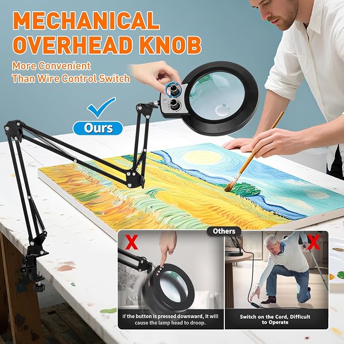 KIRKAS 12X 30X Magnifying Glass with Light and Stand, Extra-Long Arm Knob | Magnifying Lamp for Workbench Craft, Sewing, LED Lighted Magnifier Real Glass Lens Stepless Dimming and Color (35in Clamp)