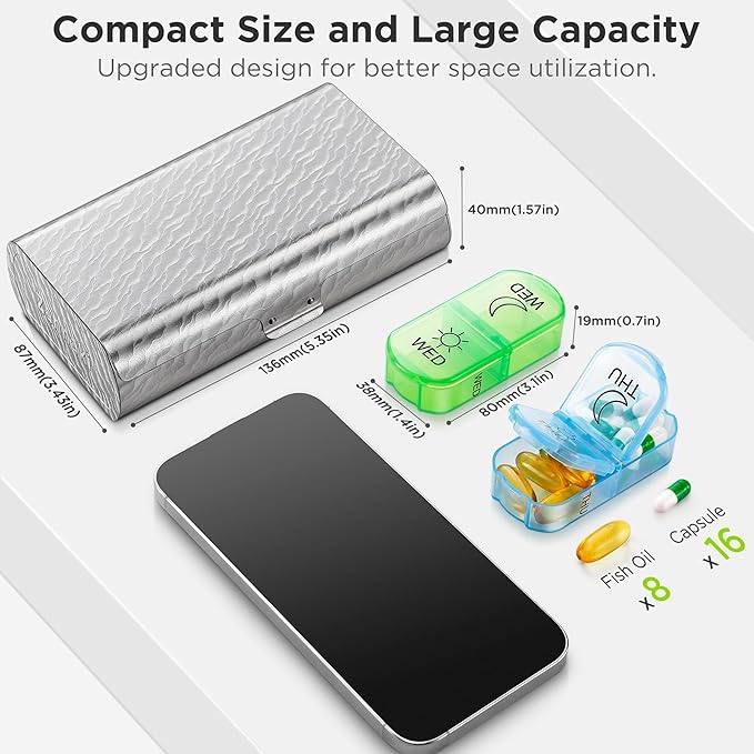 Zannaki Metal XL Weekly Pill Organizer 2 Times a Day, Large Travel Daily Pill Box 7 Day, Portable Week Twice Pill Holder Container, AM PM Pill Case for Medicine Vitamin Medication Supplement, Silver