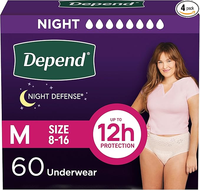 Depend Night Defense Adult Diapers, Incontinence & Postpartum Bladder Leak Underwear for Women, Disposable, Overnight, Medium, Blush, 60 Count (4 Packs of 15), Packaging May Vary