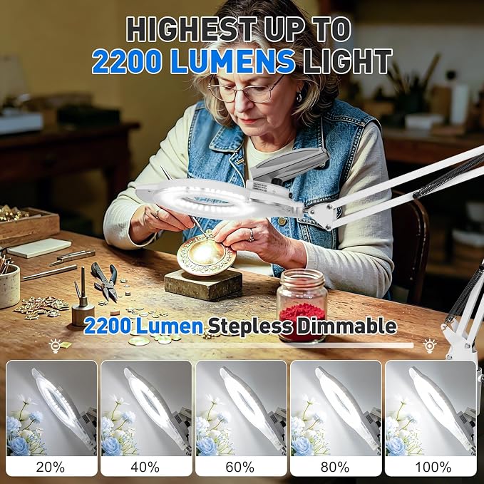 KIRKAS 12X LED Magnifying Lamp with Clamp, 2,200 Lumens Dimmable Bright | 28in Adjust Swivel Arm Magnifying Glass with Light for Repair Reading Craft Needlework Workbench Magnifier Dust Cover White