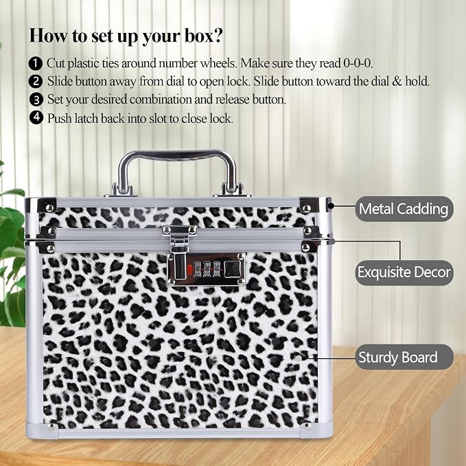Medication Combination Lock Boxes with Code for Personal Items, Medicine Lockbox for Documents 10 x 7.25 x 7.75 Inches White Leopard