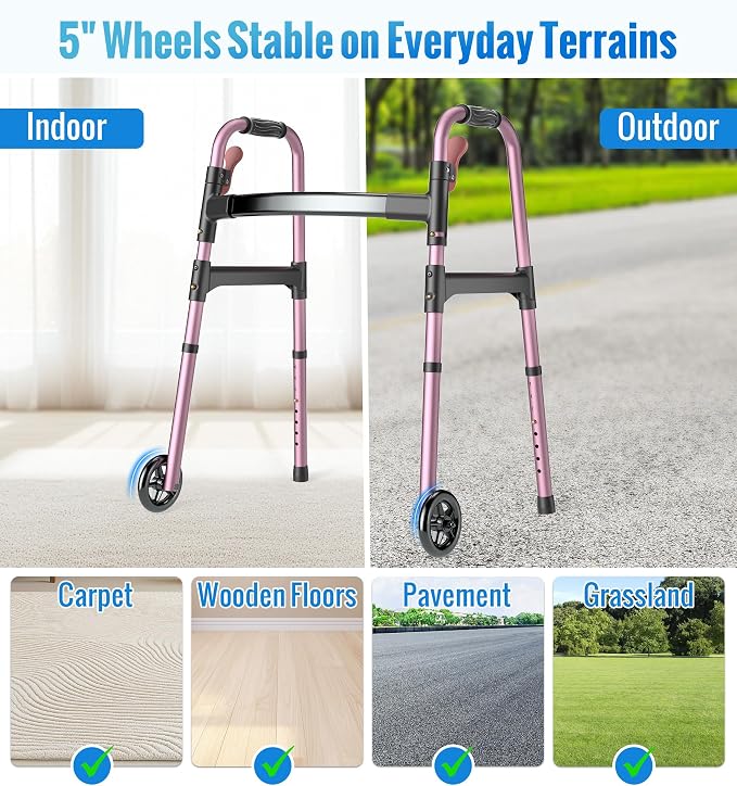 HOMLAND Standard Walkers for Seniors, 6.5lb Lightweight Foldable Walker | One-Hand Folding, 8 Height Adjustments, 350lb Capacity, Easy to Assemble, 2 Skis, 5" Wheels, Aluminum Frame, Rose Red