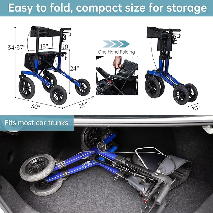 ELENKER All-Terrain Rollator Walker with Non-Pneumatic Tire 12” Front Wheels, Compact Folding Design for Seniors, Blue