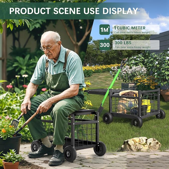Garden Cart with Seat,3-in-1 Rolling Seat with Wheels for Gardening Seniors | Upgraded Heavy Duty Gardenning Cart with Seat, Supports up to 500 LBS for Seniors, Lawn, Patio & Backyard Gardening, Black