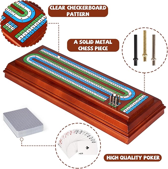 Wooden Cribbage Board Game Set with Cards and Metal Pegs, 3 Track Cribbage Board with Storage Drawer, Portable Travel Cribbage Set for Adults, Families, Seniors, Camping & Game Night