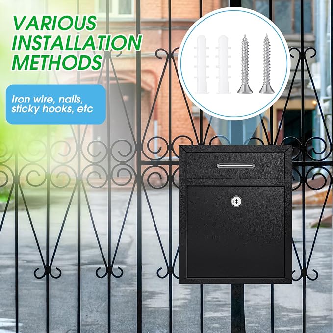 Yaocom Locking Mailbox with Key for Outdoor 10 x 7 x 3 Inches Small Wall Mount Mail Box with Lock Security Mail Drop Metal Collection Boxes Hanging Secure Postbox(Black)