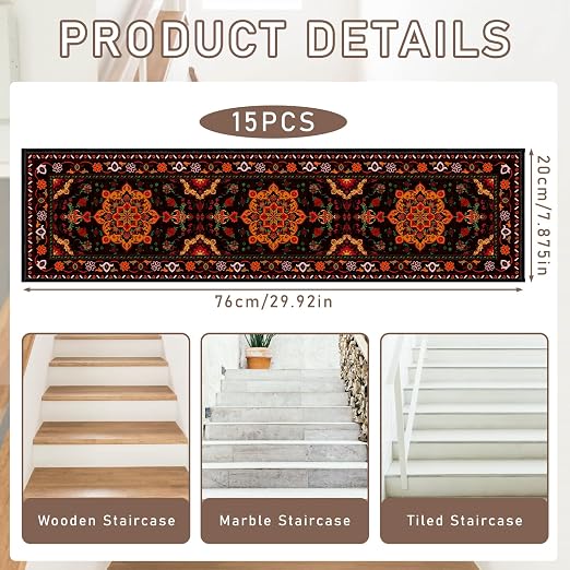 Stair Treads for Wooden Steps 15 Pack, Vintage Distress Print Pattern Runners Non Slip and Washable, Rug Carpet for Stairs with Silicone Backing 8" X 30"