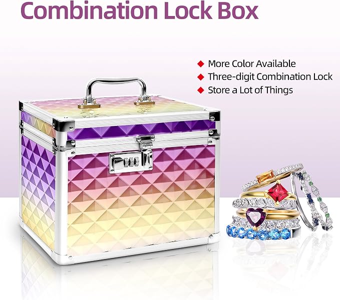 Medication Combination Lock Boxes with Code for Personal Items, Medicine Lockbox for Documents 10 x 7.25 x 7.75 Inches Rainbow Plaid Gold Purple