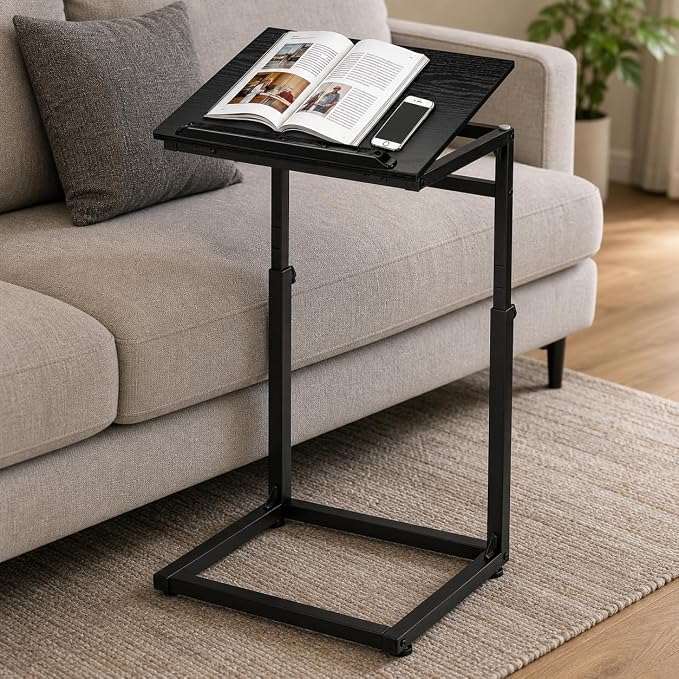 facka C Shaped TV Tray Table, Adjustable Height & 0-60° Tilt for Couch | C Table Sofa Side End Table with Stopper Ledge, Couch Table for Eating, Laptop, Reading & Small Spaces Black