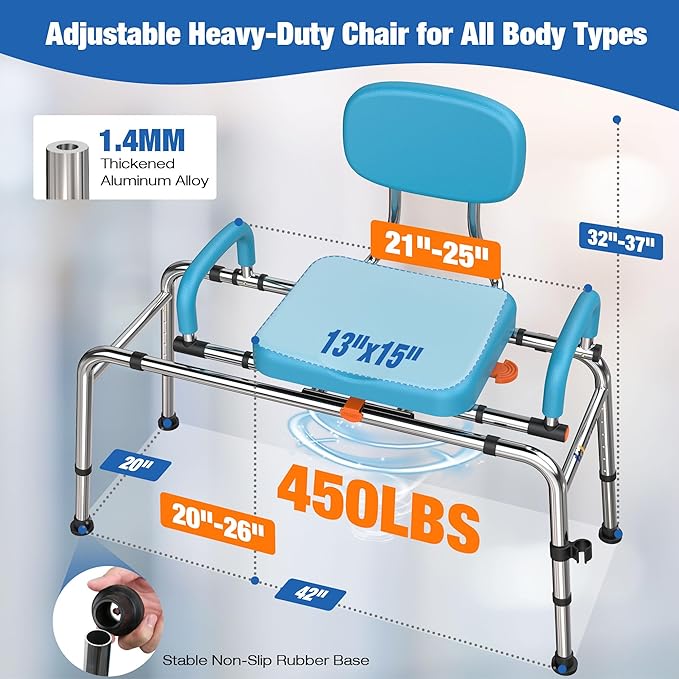Sliding Shower Chair Tub Transfer Bench with Swivel Seat, 450lbs Shower Chair for Elderly and Disabled, Adjustable Height and Arms Width Bath Transfer Benches for Bathtub