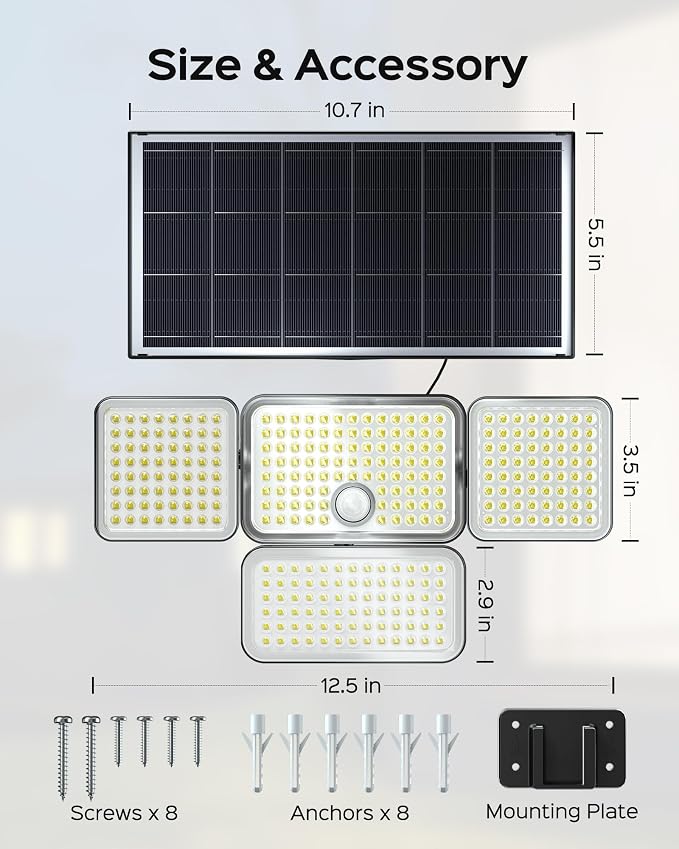 SUPERDANNY Solar Lights Outdoor Remote Control with 16.4ft Cable 1 Pack | 3 Modes 4-Head Motion Sensor Outdoor Flood Lights Dusk to Dawn, IP65 Waterproof, Solar Lights for Garden Barn Porch