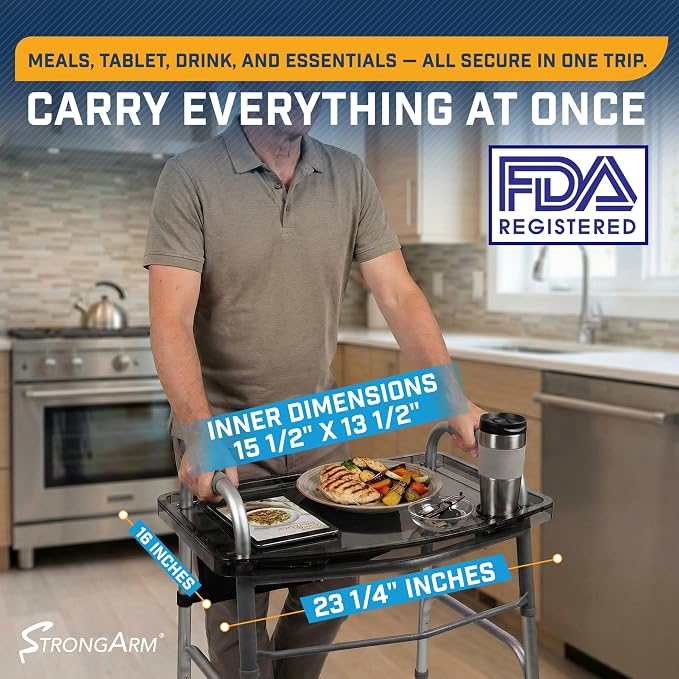 StrongArm Clear View Walker Tray + Bag + Non-Slip Mat & Cup Holder, Tray for Folding Walkers, Food Tray, Walker Accessories, Tray Table for Standard Adult Walkers (Purple)