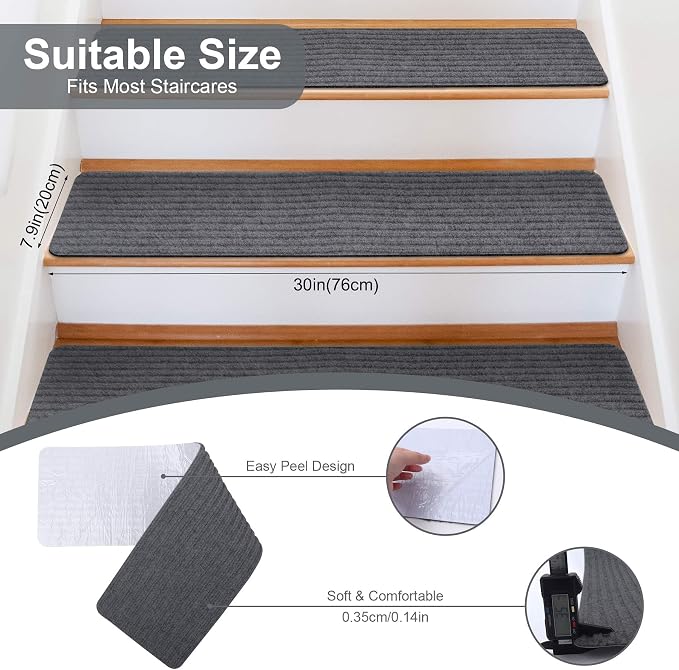 15 PCS Non Slip Stair Treads for Wooden Steps – 8"x30" Indoor Non Slip Stair Treads, Carpet Stair Mats with Self-Adhesive Backing, Removable & Machine Washable – Dark Grey