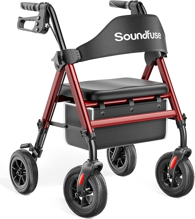 Rollator Walkers for Seniors with Seat, Foldable Lightweight Rolling Walker with 8" Big PU Wheels, Ergonomic Seat, Dual Height Adjustment