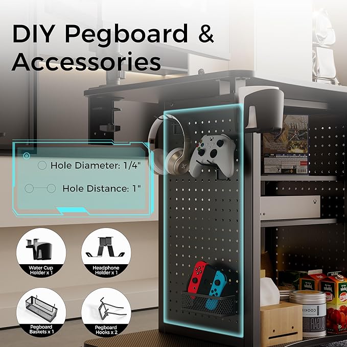 EUREKA ERGONOMIC Gaming Desk Computer, 37" Rolling Desk on Wheels for Small Space, Mobile Computer Cart with Pegboards Adjustable Shelves for Gaming PS Switch Home Office - Black