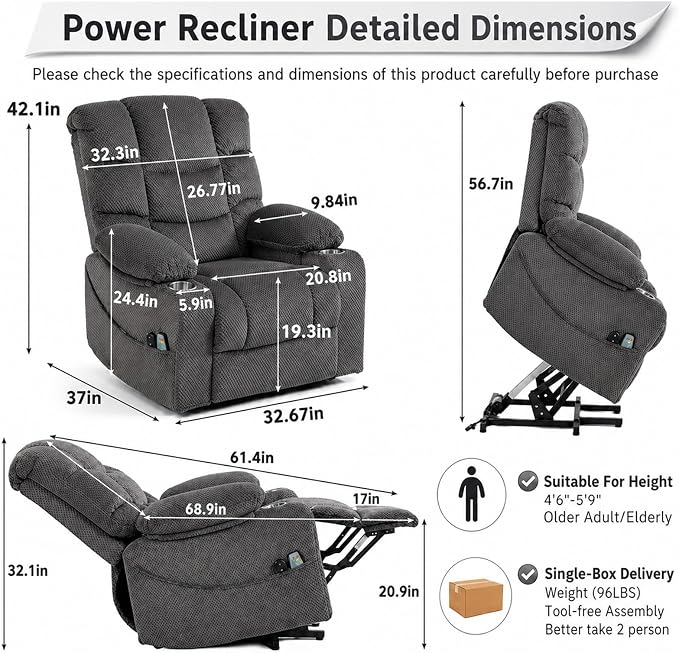 Ultra Wide Power Lift Recliner Chair for Elderly,Rotating Lounge Chair with Hot Massage Heating and Auxiliary Standing Function,Oversized Lazyboy Single Sofa with Cup Holder for Living Room (Grey)