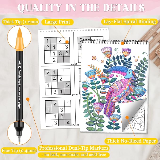 Vashly Large Print 350+ Memory Activities for Seniors: 6-In-1Set Brain Exercise Books with Sudoku, Crossword, Word Hunt & Coloring Books, A4 Spiral Bound, Includes 24 Markers, Gift for Elderly Adults