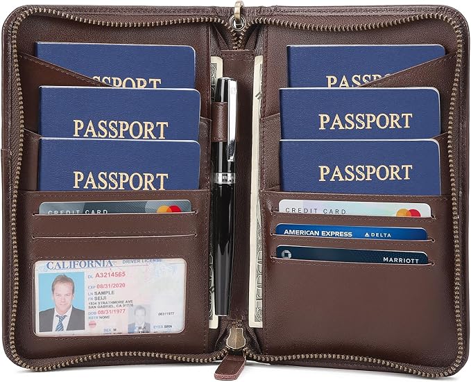 Polare Full Grain Leather Passport Holder Cover Case for Men and Women RFID Blocking Family Travel Wallet Holds 6 Passports (Coffee)