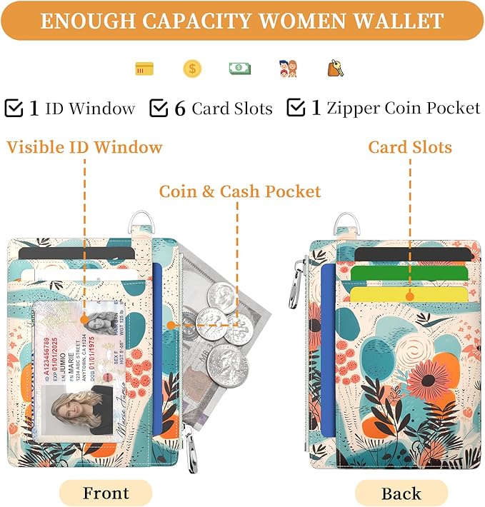 Hancynir Boho Floral Small Wallet Women Credit Card Holder, Wristlet RFID | Cute Keychain Lanyard Wallet, Travel Zipper Coin Pocket, Ladies Gifts Women, Minimalist Card Case, 6 Card Slots, PU Leather