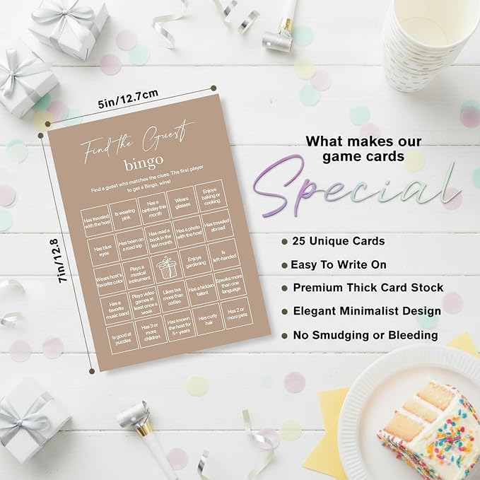 Find The Guest Bingo Cards – 25 Unique Cards, Icebreaker Party Games for Adults, Rustic Brown Mingle Activity for Birthday Parties, Family Reunions, Office Events & Friendsgiving