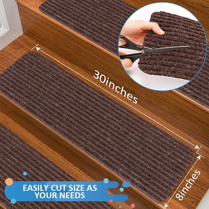 RIOLAND Stair Treads Carpet Non-Slip Indoor Stair Runners for Wooden Steps, Stair Rugs for Kids and Dogs, Set of 15, 8" X 30", Brown