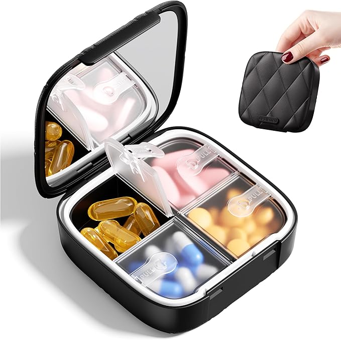 Betife Travel Pill Organizer for Purse, Small Cute Pill Box with Mirror, 4 Large Compartment Pill Case, Waterproof Medicine Container, Portable Vitamin Case BPA-Free (Classic Black) | Compact,Waterproof,Bpa-free,Stylish,4 Compartment