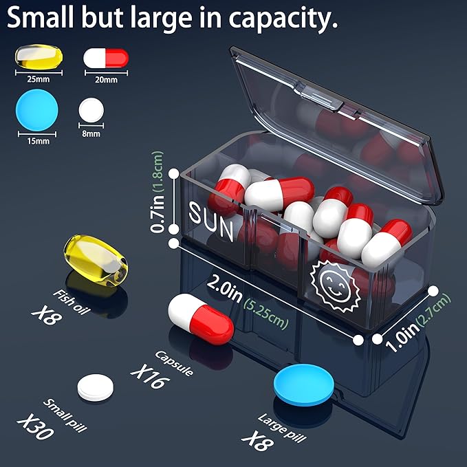 Pill Organizer 7 Day AM PM, Discreet 2 Times a Day Weekly Pill Box with Double Protection Shell, Large Capacity Portable Vitamin Case for Travel Meds & Medicine Organizer (Black and Brown)
